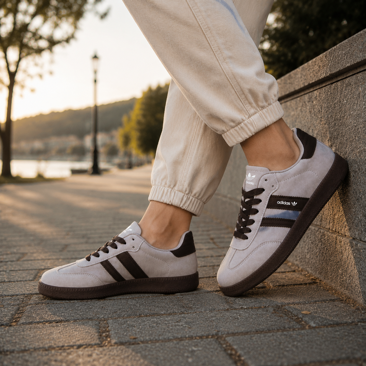 Adidas bege risca castanho